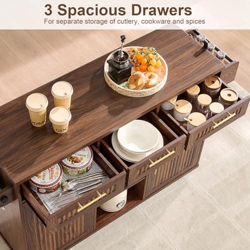 Okvnbjk 57" Rolling Kitchen Island with Storage & Drop Leaf, Walnut thumbnail 9
