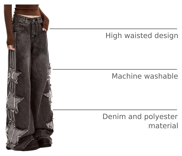 PEAINJ Star Jeans for Women Girls Baggy Cute Patchwork Denim Pants | Y2K Jean Pants,2000s Baggy Star Jeans,High Rise,Classic 4 Pockets,Grunge Trendy Clothes,Casual Aesthetic Outfits thumbnail 4