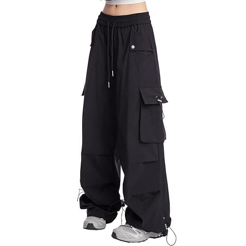 SANGTREE Women's Drawstring Elastic Waist Ruched Baggy Cargo Pants Hip Hop Streetwear - Small - Black - Image 1
