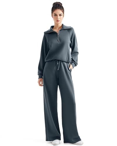 SUUKSESS Women 2 Piece Lounge Matching Set Wide Leg Sweatpant Half Zip Sweatshirt - Image 1