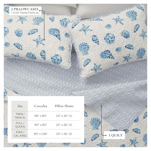 Great Bay Home Coastal Quilt Set - 2-Piece Twin/Twin XL Size Nautical Bedding Set - Lightweight, All-Season, Reversible Coral-Printed Bedspread (Blue Shells) thumbnail 3