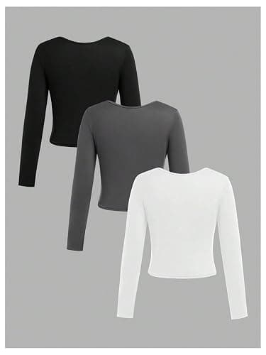 RoseSeek Girl's 3 Pack Long Sleeve T Shirt Square Neck Slim Fit Basic Tee Tops Soft Fall Tops thumbnail 2