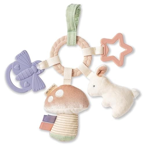 Itzy Ritzy Teething Activity Toy - Bitzy Busy Ring Features Braided Teething Ring and Dangling Toys; Includes Teether, Textured Ribbons, Crinkle Sound & Jingle Bell, Bunny RNG8497 - Image 1