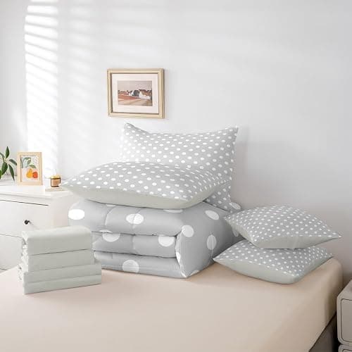 Manfei Polka Dot 7pcs Comforter Set Full Size,Cute Simple Geometric Dots Bedding Set for All Season,Grey White Cartoon Bed in A Bag with Comforter,Sheets and Pillowcases,Kids Boys Girls Room Decor thumbnail 7