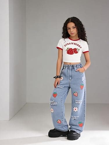 Azmxynol Tween Girl Clothes Short Sleeve Top + Butterfly Design Jeans 2 Pieces Spring Summer Outfit Set, Size 6-14 Years thumbnail 4