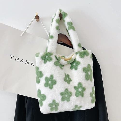 Plush Underarm Bag, Ladies Fluffy Shoulder Bag, Women Furry Flower Tote Bag Y2K Plush Handbag for Autumn and Winter - A01-black Flower thumbnail 5