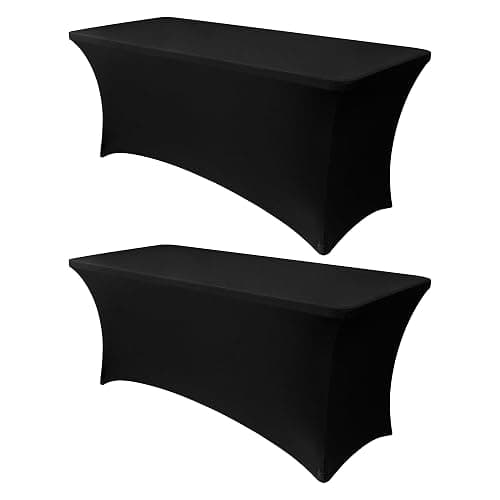 Obstal 6ft Stretch Black Spandex Table Cloth for Standard Folding Tables - 2 Pack Universal Rectangular Fitted Tablecloth Protector for Wedding, Trade Show, Vendor Stand - Image 1
