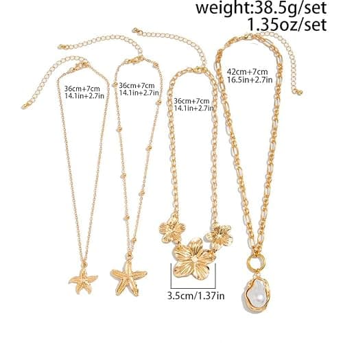Gold Hibiscus Flower Statement Necklaces Chunky Big Flowers Floral Pearl Starfish Charms Layered Beach Beachy Vacation Choker Necklace Jewelry for Women thumbnail 3