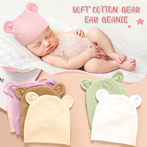 Toulite 6 Pcs Preemie Hats Cotton Preemie Beanies Baby Caps Cute Beanie Bear Ears Hospital Cap for Premature Baby Boys Girls(Light Colors,Solid Style) thumbnail 3
