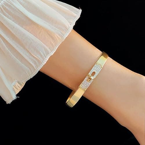 FOMCORT 18K Gold Plated Turn Lock Bracelet with Cubic Zirconia，Classical Fashion Stainless Steel Bangle Bracelet for Men and Womens - Gold thumbnail 6