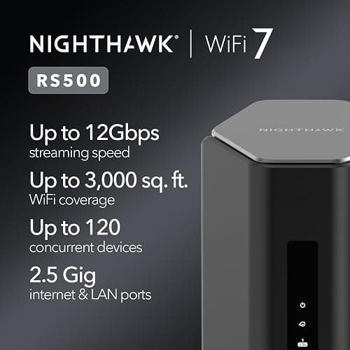 NETGEAR Nighthawk Tri-Band WiFi 7 Router (RS500) – Router Only, BE12000 Wireless Speed (up to 12 Gbps) - Covers up to 3,000 sq. ft., 120 Devices – 2.5 Gig Internet Port - Free Expert Help thumbnail 2