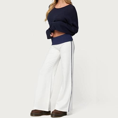 Yoawdats Fold Over Yoga Pants for Women Wide Leg Sweatpants Low Rise Flare Lounge Pant Bell Bottoms Y2K Foldover Pants thumbnail 2