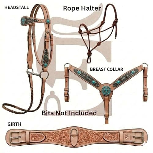 EQUESTROUS Treeless Western Leather Saddle Tack Set - Floral Hand-Tooled Horse Saddle with Matching Headstall & Breast Collar Color (Turquoise, 11" Seat Size) thumbnail 4