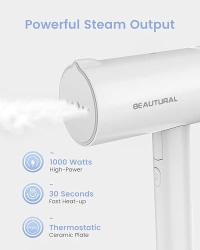 BEAUTURAL Travel Steamer for Clothes, Portable and Handheld, 1000W, White | Foldable Garment Wrinkle Remover, Fast 30s Heat-up, 120V Only (Not for 220V Europe) thumbnail 3