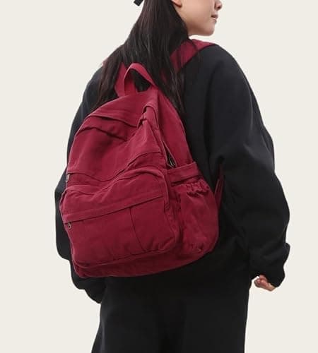GAMLFL Burgundy Red Canvas Backpack for Women Retro Aesthetic Rucksack Basic Backpack for High School/College Students Travel Laptop Bag thumbnail 4