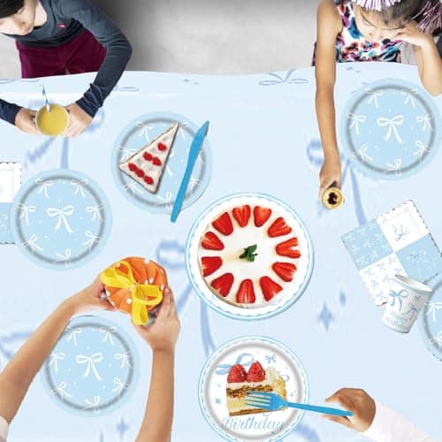 171Pcs Blue Bow Birthday Party Supplies Blue Bow Plates,Banner,Tabelcloth,Cups,Knives,Spoons,Forks,Baby Shower Girls Bow Party Decorations thumbnail 8