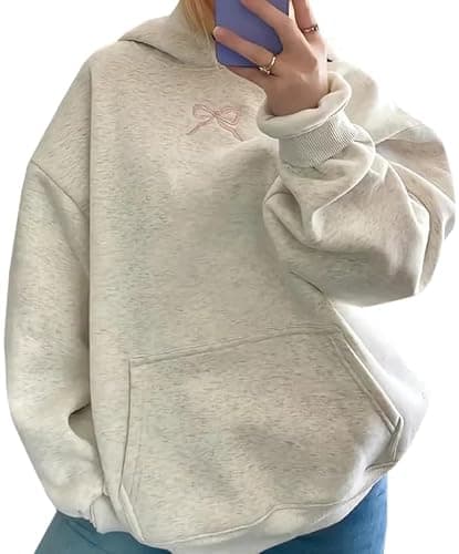 Women Bow Embroidery Hoodie Teen Girls Cute Graphic Hooded Loose Preppy Y2K Long Sleeve Pullover Hoodie Tops - Small - Pink - Image 1