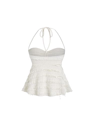 GORGLITTER Damen Crop Tops Y2K Spitzentop Neckholder Top Sommer Haltel-Top | Y2k Top, Top Mit Spitze Damen, Babydoll Top, Trägertop Damen, Halter Neck Top, Going Out Tops thumbnail 2