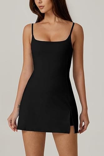 QINSEN Womens Spaghetti Strap Tennis Dress with Shorts Workout Side Slit Active Golf Dresses - Medium - Black thumbnail 2