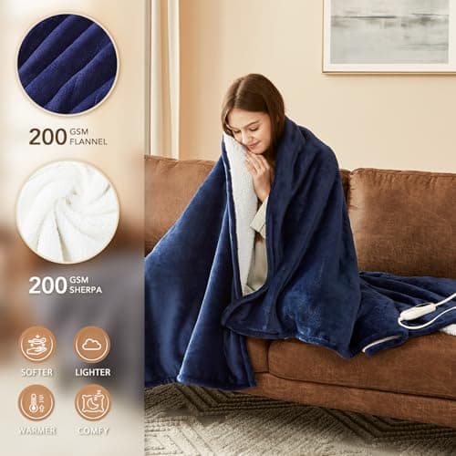 Homemate Heated Blanket Electric Throw - 50"x60" Heating Blanket Throw 1/2/4/6/8 Hours Auto-Off 10 Heat Level Over-Heat Protection Flannel Sherpa ETL Certification thumbnail 2