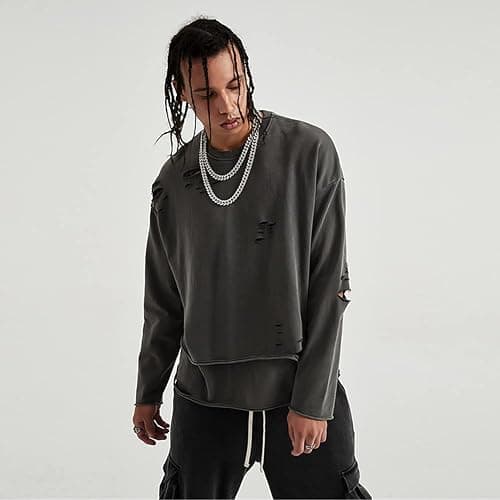ELKNLMU Vintage Streetwear ripped Sweatshirt Men Fashion Autumn Solid Color Oversize Sweatshirt thumbnail 5