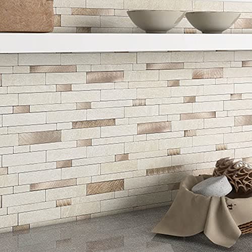 BeNice Backsplash Peel and Stick Wall Tiles for Kitchen,Subway Self Adhesive Linear Mosaic Stickers Bathroom Waterproof(10 Sheets,Rustic Beige Brown) - Image 1