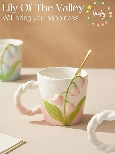 Zigihos Flower Mugs with Handle, Cute Ceramic Coffee Teacups for Women, Floral Girly Mugs for Christmas, 13oz (Pink) thumbnail 3