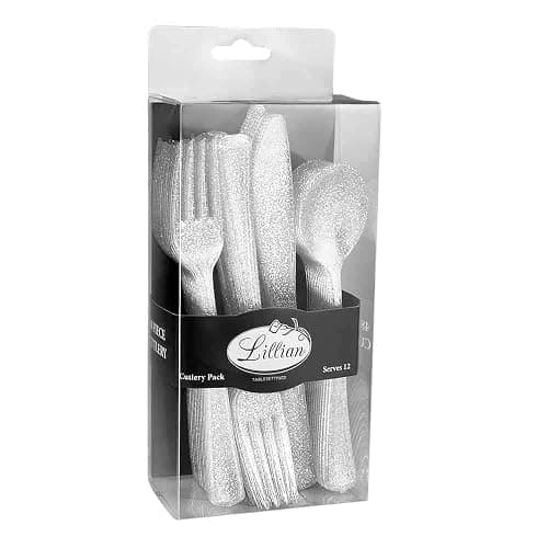 Lillian Collection Unique Glitter Silver Premium Plastic Cutlery Combo - Packs of 48 - Perfect for Upscale Events & Parties thumbnail 5