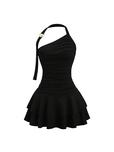MakeMeChic Women's Y2k Halter Mini Dress Backless Ruffle Short Going Out Dress - Image 1