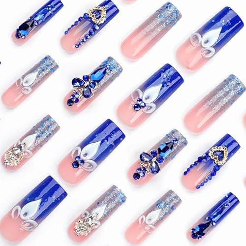 BABALAL Long Square Press on Nails - Blue Fake Nails, Luxury 3D Butterfly Gold Heart Charm Bling Design Full Cover Acrylic Nails Squoval Set 24Pcs thumbnail 3