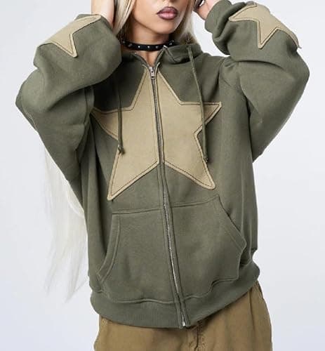 ROAONOCOMO Women Y2K Zip Up Hoodie Star Printed Oversized Sweatshirts Fairy Grunge Graphic Hooded Jacket Harajuku Streetwear - C-green Star Print - Small thumbnail 2