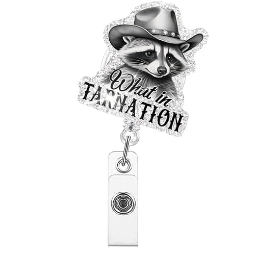 Xipromi What in Tarnation Badge Reels Retractable Glitter with Clip, Funny Retro Western Raccoon Badge Holder for Nurse Doctor, Cowboy Raccoon Gifts for Medical Office Worker Teacher - Image 1
