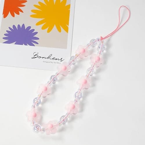 Meefisher Pink Flower Beaded Mobile Phone Charms Lanyard Aesthetic Sweet Cute Phone Wrist Strap Anti-Lost Chain for Women (Pink C) thumbnail 3