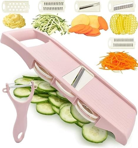 NACOLUS Mandoline Slicer for Kitchen Slicer Vegetable Cutter 5 In 1 Veggie Slicer Potato Slicer waffle fry cutter Hot Swap Mandolin with Peeler for Vegetables Carrot Shredder Cucumber Slicer - Pink thumbnail 4