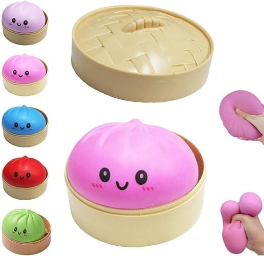 Dumpling Squishy, Mystery Squishy Dumpling Box, Stress Relief Fidget Easter Gifts for Kids & Adults, Squeeze Dough Ball Stress Relief Hand Toys with Food Steamer Stretchy Desk Toys (Pink) - Image 1