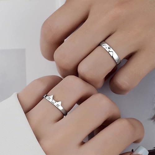 Uarein Cat Dog Couple Ring for Women Men Silver Animal Friendship Matching Ring Cute Puppy Kitten Statement Ring Minimalist Party Valentine's Day Jewelry Gift thumbnail 2