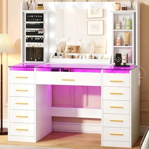 YUNSCEND Large Makeup Vanity Desk with Mirror and Lights, White Vanity Table with 360° Rotating Organizer, Glass Top, RGB Lights, Dressing Table with 11 Drawers, Power Outlet, for Bedroom, UXFST006W - Image 1