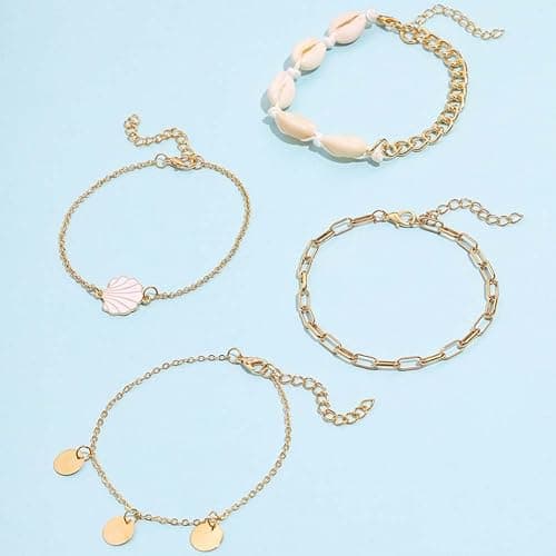 Rrdaily 4 Pcs Natural White Shell Anklet Set for Women,Handmade Adjustable Conch Anklet Set Beach Jewelry Gift thumbnail 6