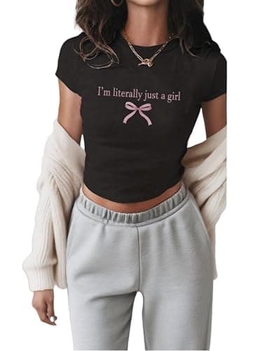 QJQ Women's Letter Graphic Bow Short Sleeve Crewneck Crop Tops Y2K Slim Fit Cute T Shirts Casual Trendy Tees - Image 1