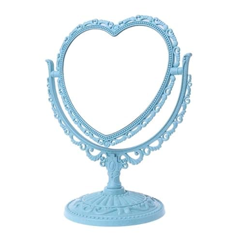 AKOAK Heart-Shaped Cosmetic Mirror - Plastic, Double-Sided, Rotatable, Lightweight - Bathroom & Bedroom Mirror (Blue) - Image 1