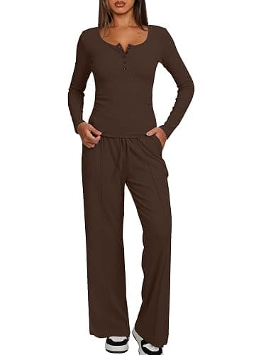 Darong Womens 2 Piece Matching Lounge Sets 2026 Long Sleeve Henley Shirts Wide Leg Pants Airport Travel Outfits thumbnail 4