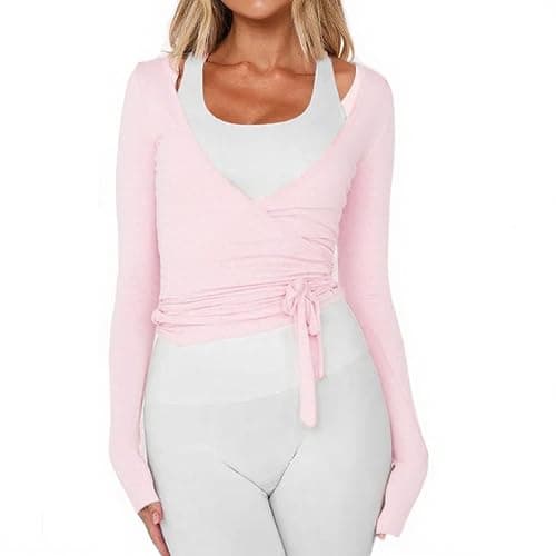 Women Wrap Tie Top Y2k Long SLeeve Ballet Workout Yoga Shirt Coquette Blouses thumbnail 2