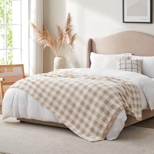 Snuggle Sac Checkered Throw Blanket for Couch, Super Soft Cozy Warm Knit Netural Decorative Fluffy Blankets, Reversible Buffalo Plaid Microfiber Throws for Sofa Bed, Plaid Beige, 50x60 Inches thumbnail 8
