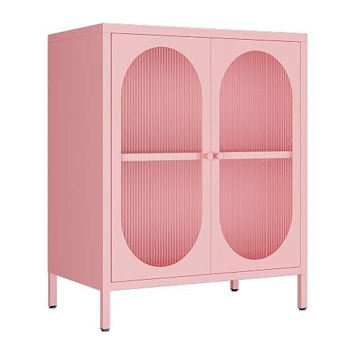 LYMOUYEE 2 Translucent Door Metal Accent Storage Cabinet for Home, Living Room, Office Room,Kitchen-Metal Locker Cabinet with 1 Adjustable Shelves-2-Tier (Pink) - Image 1