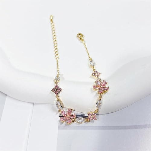 Pink Crystal Cherry Blossom Flower Chain Link Bracelet For Women Gold Silver Plated Fashion Cute Delicate CZ Petal Floral Sakura Bangle Bracelets Adjustable Sweet Dainty Fine Jewelry Gifts For Her thumbnail 3