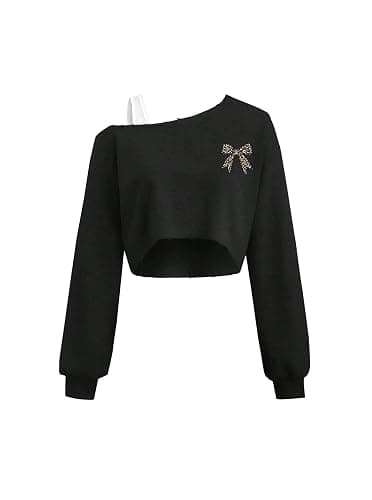 Ecolala Girls Off The Shoulder Sweatshirt Asymmetrical Long Sleeve Cute Crop Tops - Image 1
