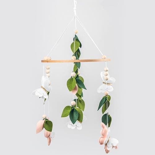 Butterfly Mobile for Crib - A Beautiful Butterfly Handmade Crib Mobile with Green Leaves, Pink, White and Gold Detail for a Nature or Wildflower Theme Nursery thumbnail 9