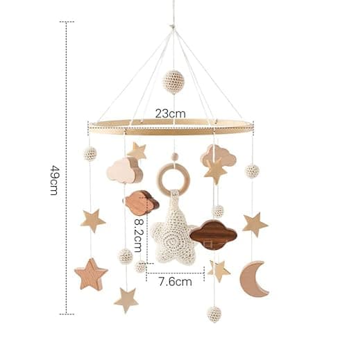 Baby Mobile for Crib, Wooden Baby Crib Mobile with Felt Ball Decor Wind Chime Bed Bell Cute Star Pendant Boho Hanging Decor Handmade Neutral Crib Bell for Kids Room Nursery Bedroom Type 2 - Type 2 thumbnail 3