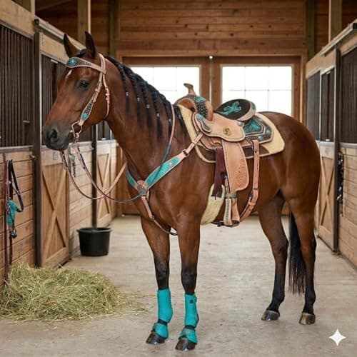 EQUESTROUS Treeless Western Leather Saddle Tack Set - Floral Hand-Tooled Horse Saddle with Matching Headstall & Breast Collar Color (Turquoise, 11" Seat Size) thumbnail 6