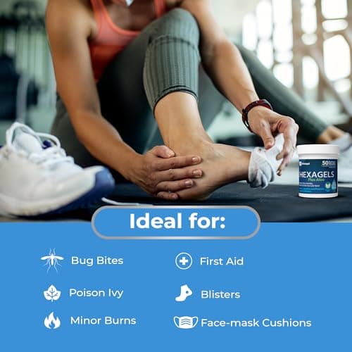Hexagels Plus Aloe Vera - Advanced Healing Hydrogel Pads for Blister Prevention & Soothing Burn Care - Foot, Heel, Toe, & Ankle Protection, Pack of 50, 1-Inch Patches, by Medagel, Paraben Free Formula thumbnail 3